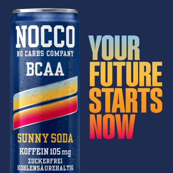 Werbung für NOCCO BCAA Getränk mit Text "Your Future Starts Now".