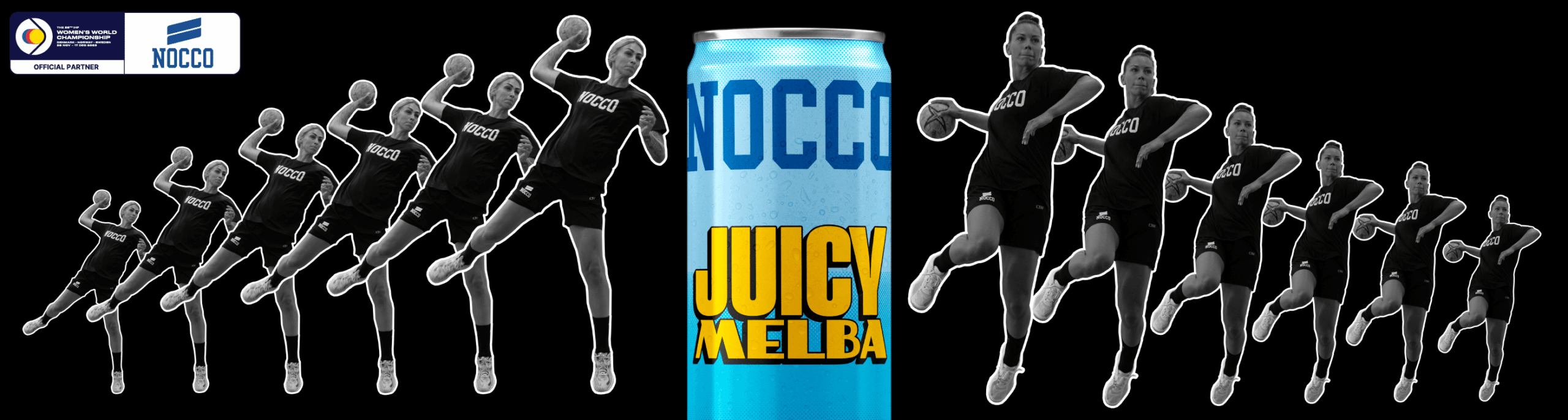 Werbegrafik mit Sequenz von Handballspielerinnen und einer Dose NOCCO Juicy Melba.