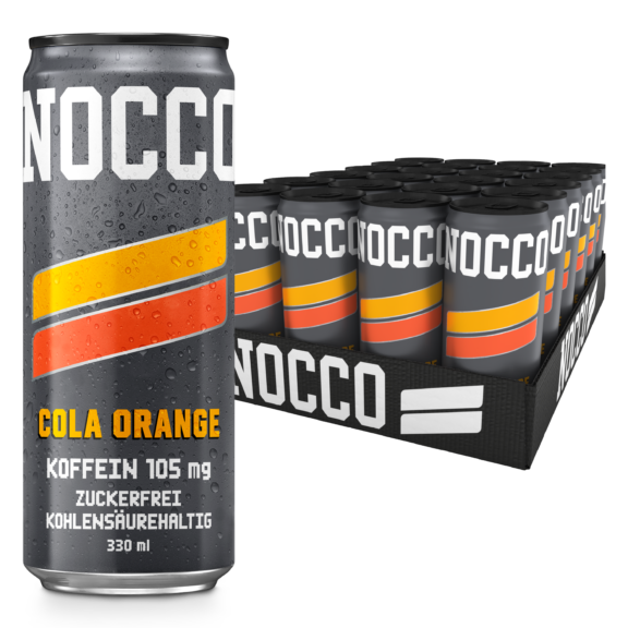 Nocco Energy Drink in Cola-Orangen-Geschmack, 12er-Pack, 330 ml Dosen.