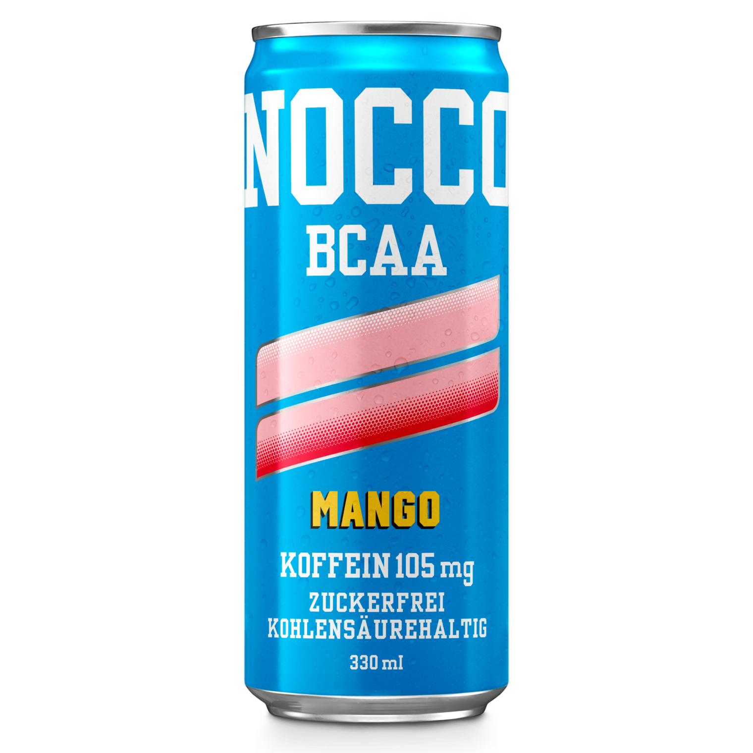 Blaue Getränkedose mit "NOCCO BCAA Mango", koffeinhaltig und zuckerfrei.