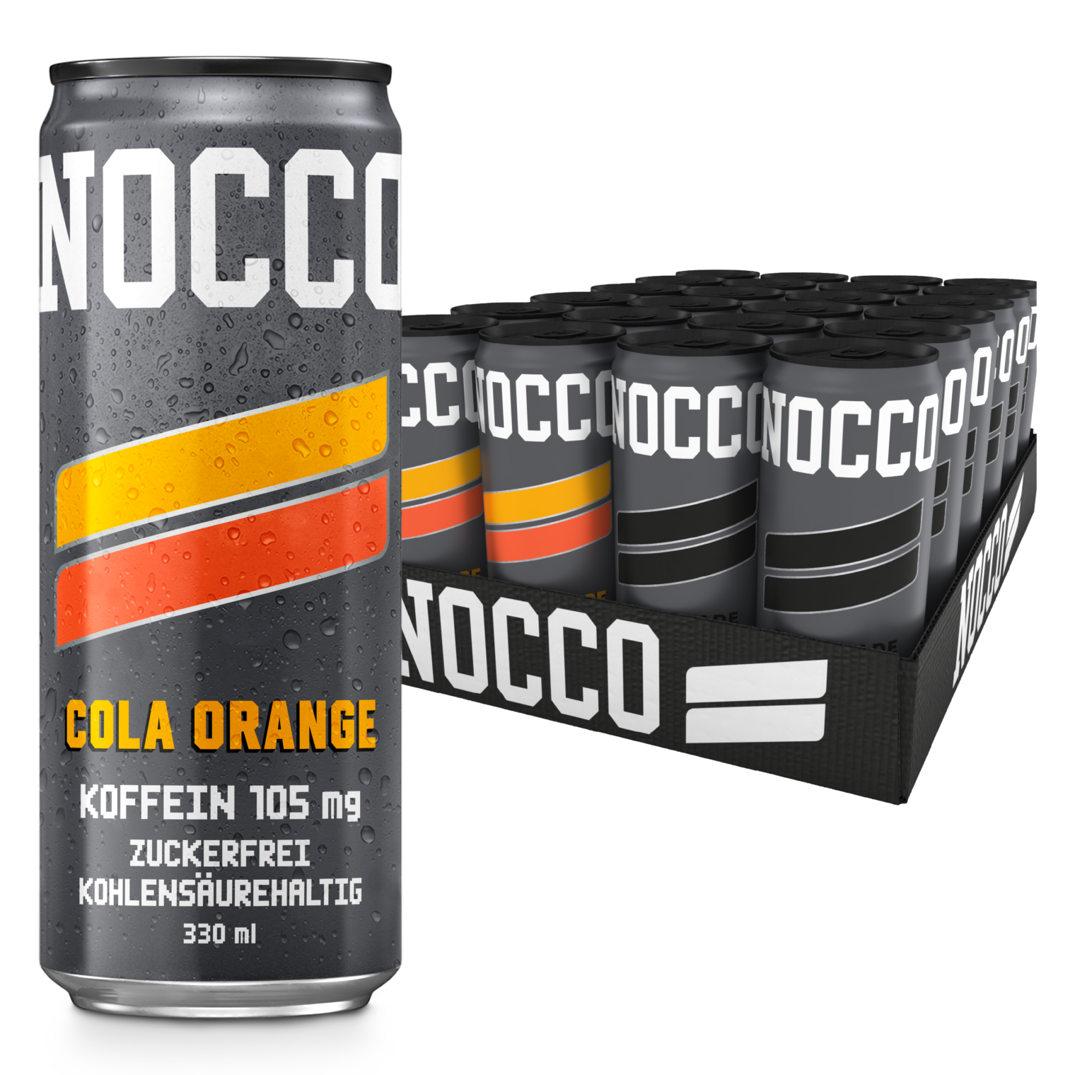 NOCCO Dose mit Cola-Orange-Geschmack neben einer Packung Dosen.